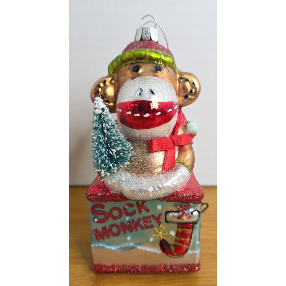 Kurt Adler‎ Sock Monkey Jack in the Box Christmas Ornament Blown Glass 6" Tall - Picture 7 of 7